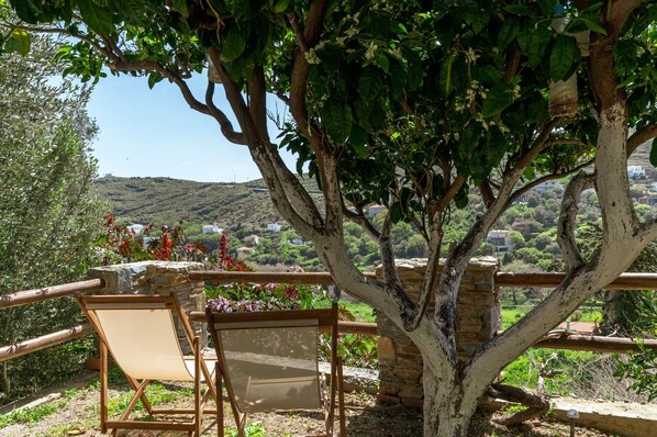 A tree with a stone bench and a view of a hillside with buildings.