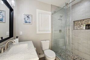 Hair dryer, towels, soap, shampoo