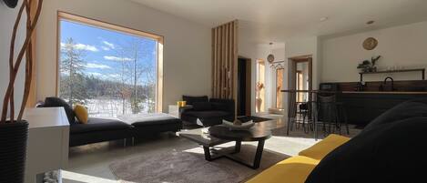 スマートテレビ、暖炉、書庫