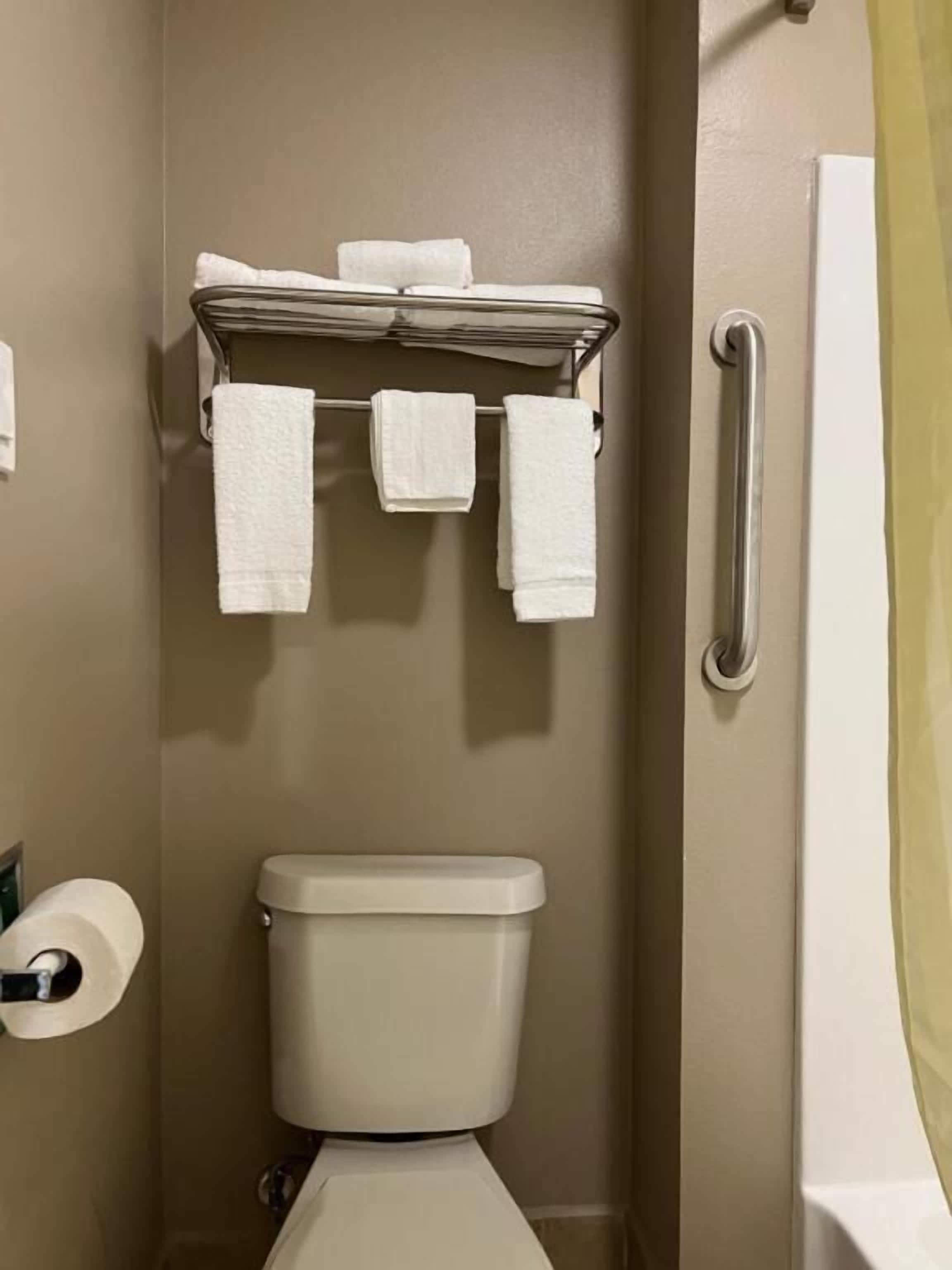 Un baño con inodoro, toallero y toallas, y barandilla.