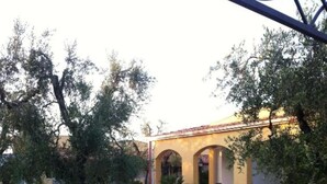 Un patio con un edificio de ventanas arqueadas y un sendero de piedra.