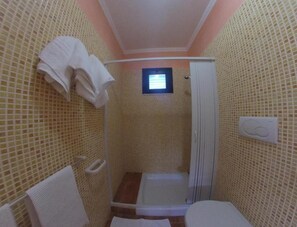 Une petite salle de bain avec une douche, des murs carrelés, un porte-serviettes et une fenêtre.