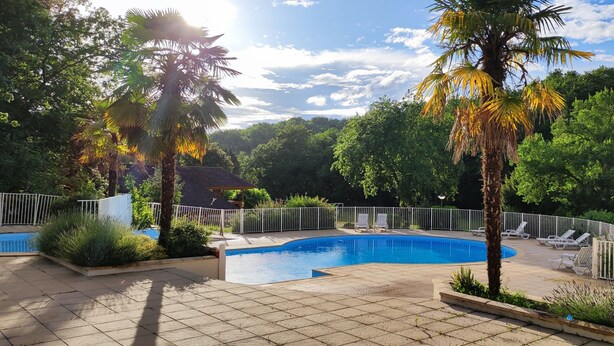 A swimming pool surrounded by palm trees and a white fence, with a clear sky above. - Chalet Le Roy in Mauroux – Relaxation, Nature & Family Fun! (Mauroux)