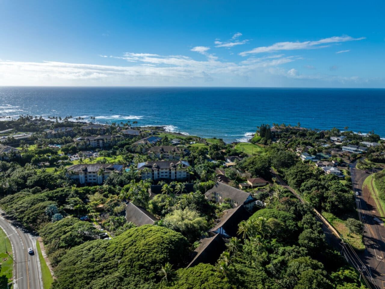 An aerial view of a coastal residential area with houses, roads, and a clear view of the ocean.