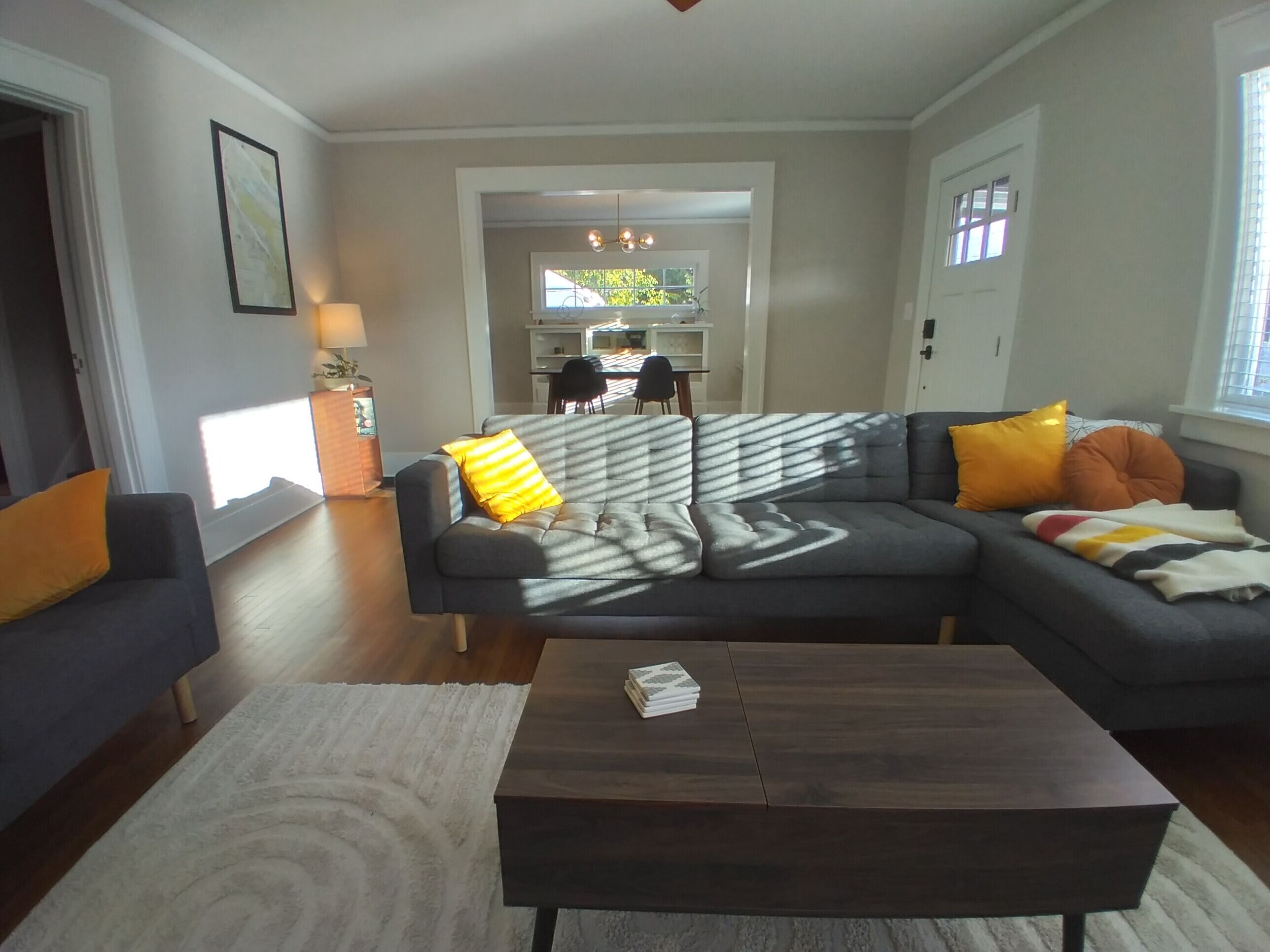 Smart TV, fireplace, books