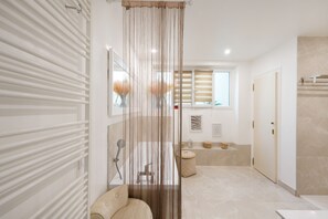 Shower, hair dryer, towels