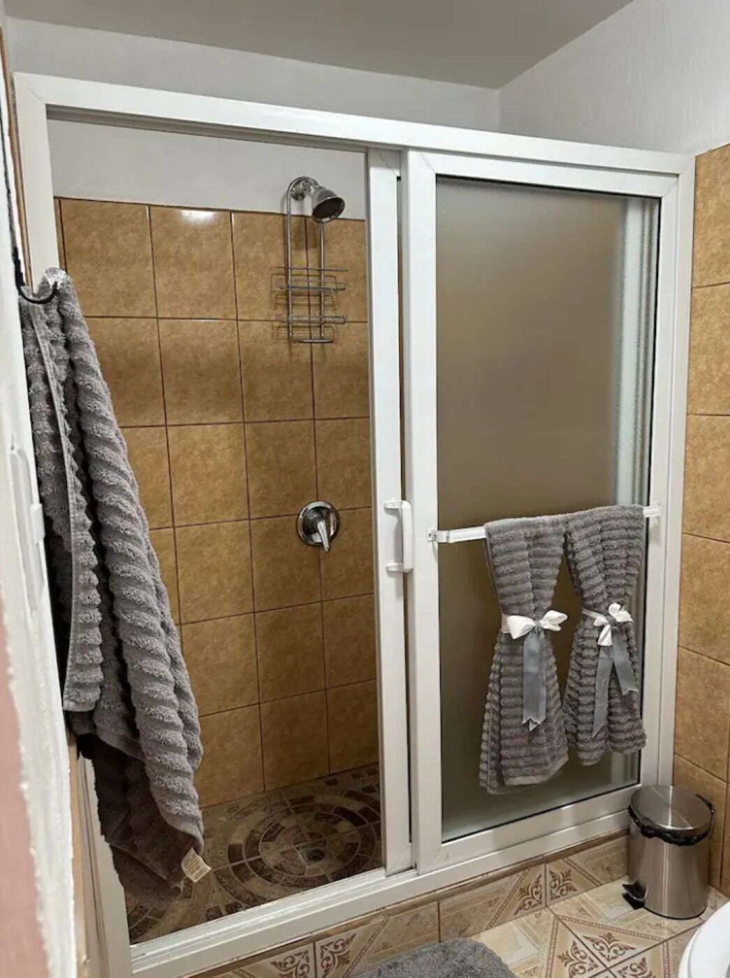 Hair dryer, towels, soap, shampoo