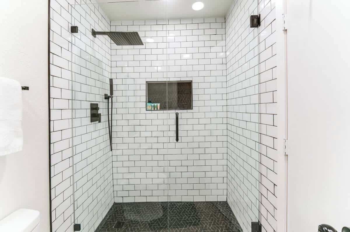 Shower, hair dryer, shampoo