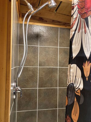 Shower, towels, soap, toilet paper
