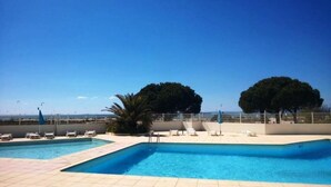 En swimmingpool med to afdelinger, omgivet af liggestole og en palme.