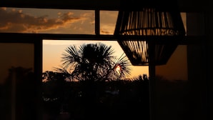 Une vue sur le coucher de soleil à travers une fenêtre, avec la silhouette d’un palmier, une lampe suspendue et la structure d’un bâtiment.