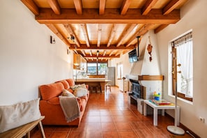 A cozy living room with a sofa, a fireplace, a dining area, and a kitchen.