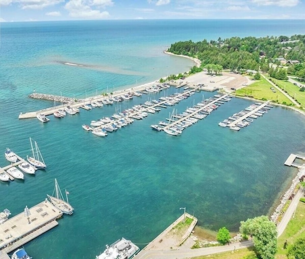 An aerial view of a marina with multiple docks and boats, surrounded by greenery and a clear view of the sea.