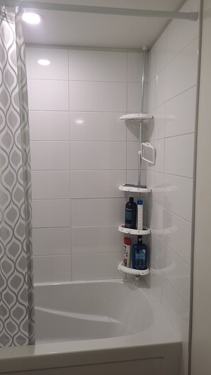 Douche, séchoir à cheveux, serviettes fournies, savon