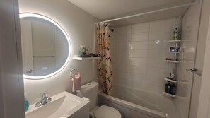 Combined shower/bathtub, hair dryer, towels, soap