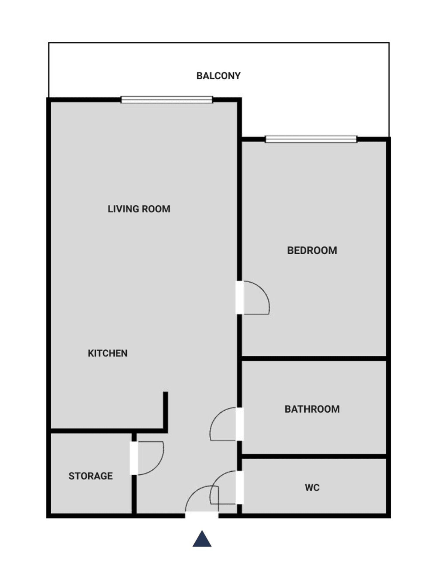 Plano de planta que muestra una sala de estar, balcón, cocina, dormitorio, baño, almacenamiento y aseo.