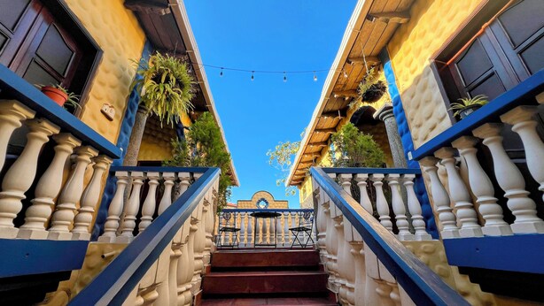 Un escalier menant à un immeuble doté de balcons, de plantes en pot et surplombant un ciel bleu dégagé.