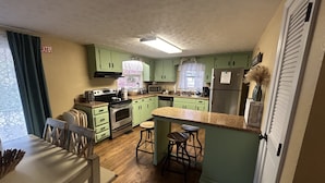A kitchen with green cabinets, a stainless steel refrigerator, a microwave, and a stove. There is a window with a view of trees outside. - Beautiful Lake Front Home overlooking Lake Douglas with Hot Tub and Golf Cart! (Dandridge)