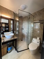 Shower, rainfall showerhead, hair dryer, slippers