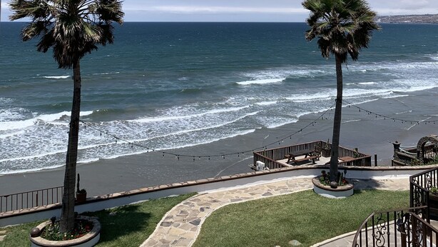 A beachfront view with two palm trees, a stone pathway, and a wooden deck with benches.