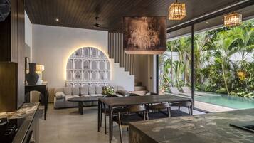 Deluxe Villa, 3 Bedrooms, Bathtub, Pool View | Living area | 32-inch flat-screen TV with digital channels