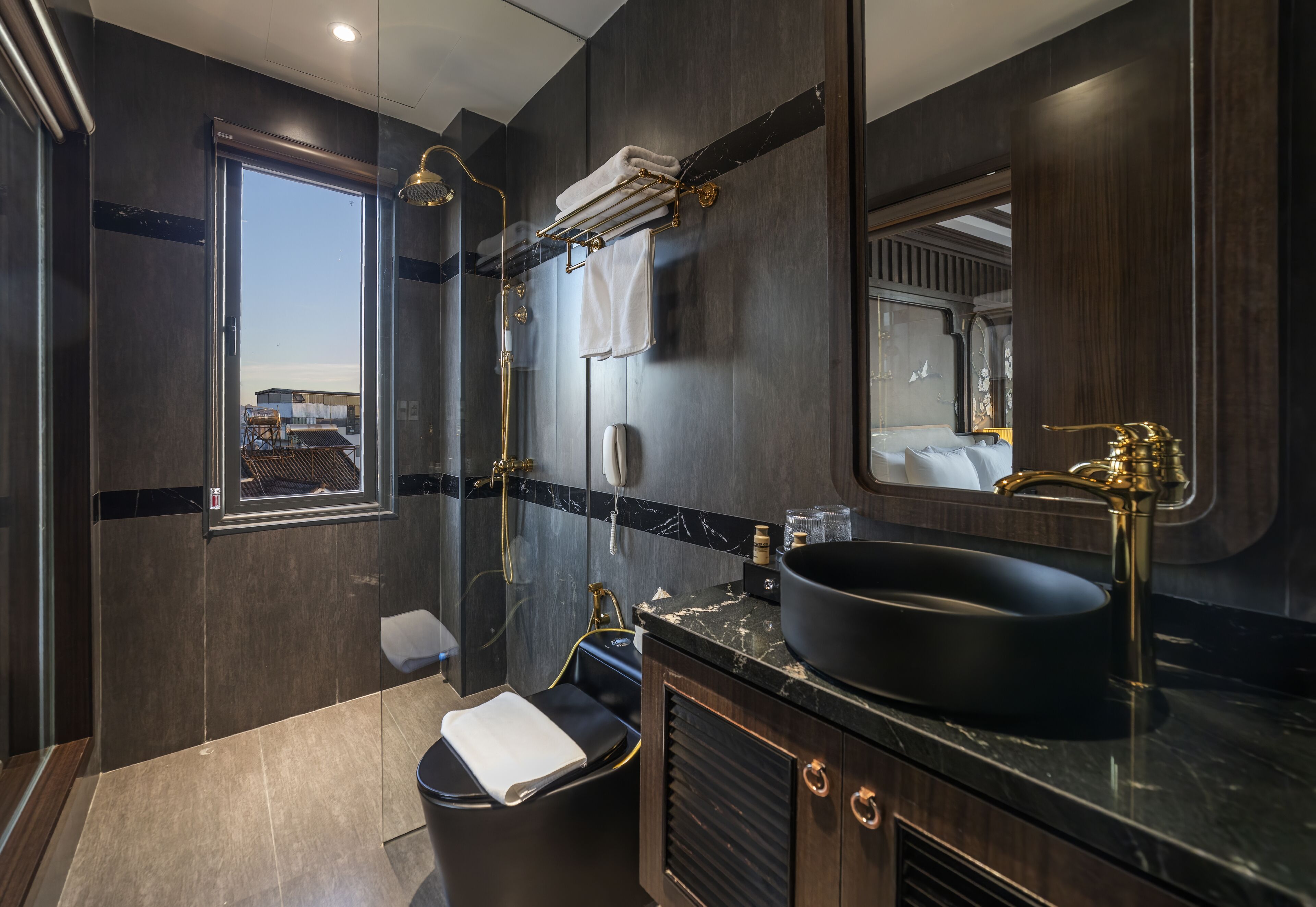 Shower, hydromassage showerhead, designer toiletries, hair dryer