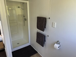 Shower, eco-friendly toiletries, hair dryer, towels