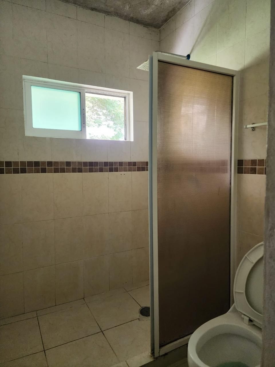 Baño con inodoro, ventana y cabina de ducha.