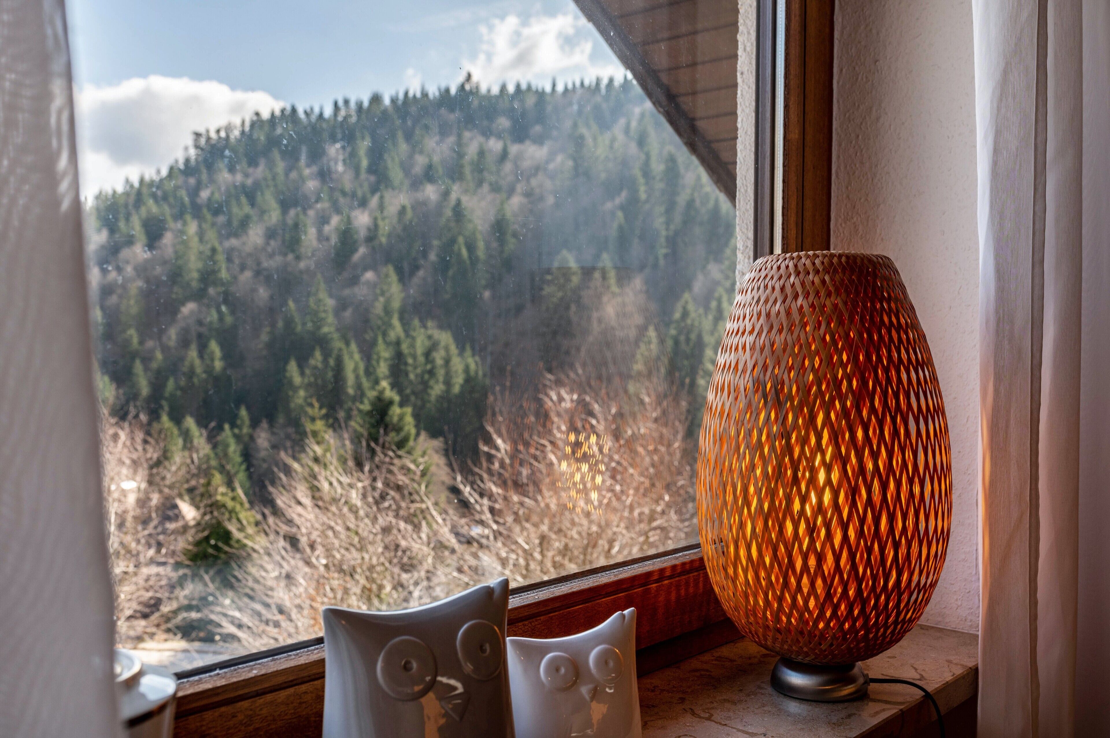 Eine Lampe mit gewebtem Muster, ein Fenster mit Blick auf einen bewaldeten Hang und zwei uhu-förmige Vasen auf einem Fensterbrett.
