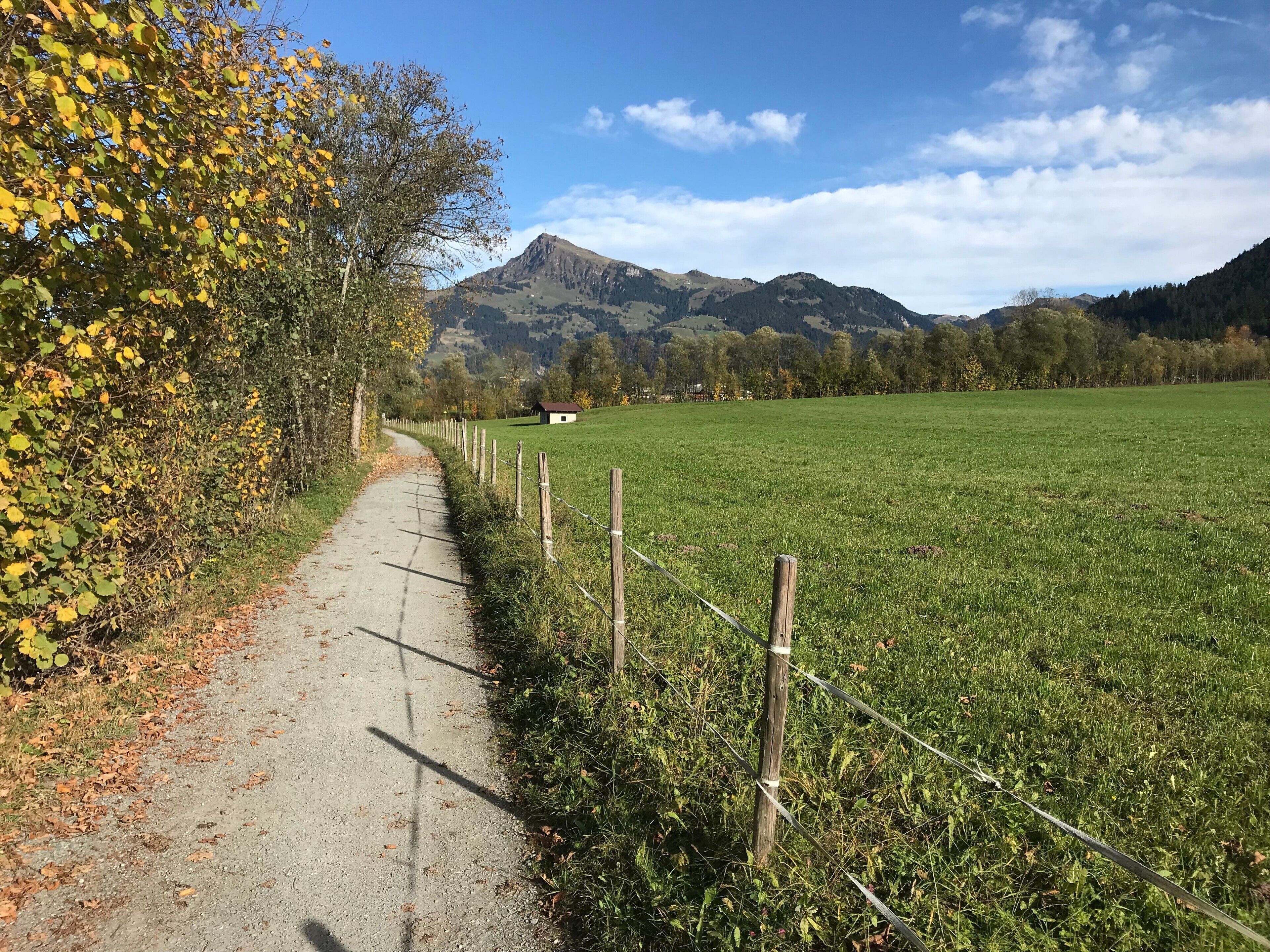 Ein ländlicher Pfad, der zu einem kleinen Haus mit Blick auf einen Berg führt.