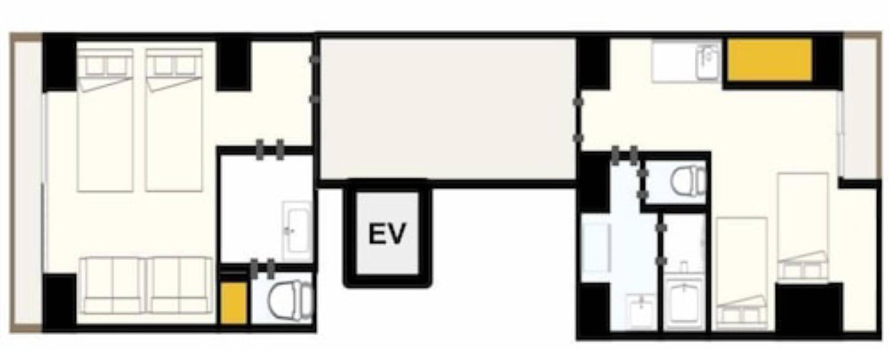A hotel layout with multiple rooms, a central hallway, and an EV charging station.