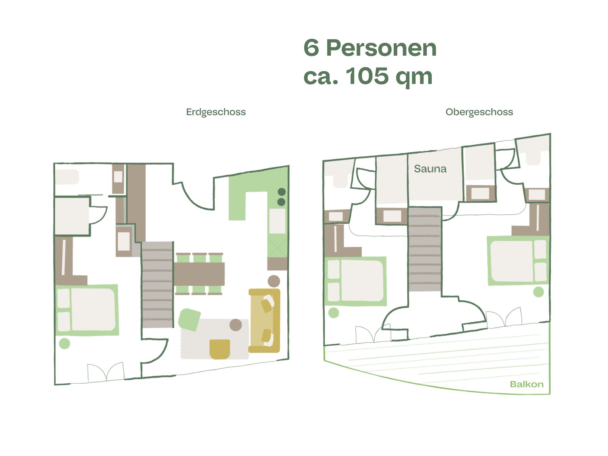 Planos de planta de un edificio con alojamiento para 6 personas, que incluye sauna y balcón.