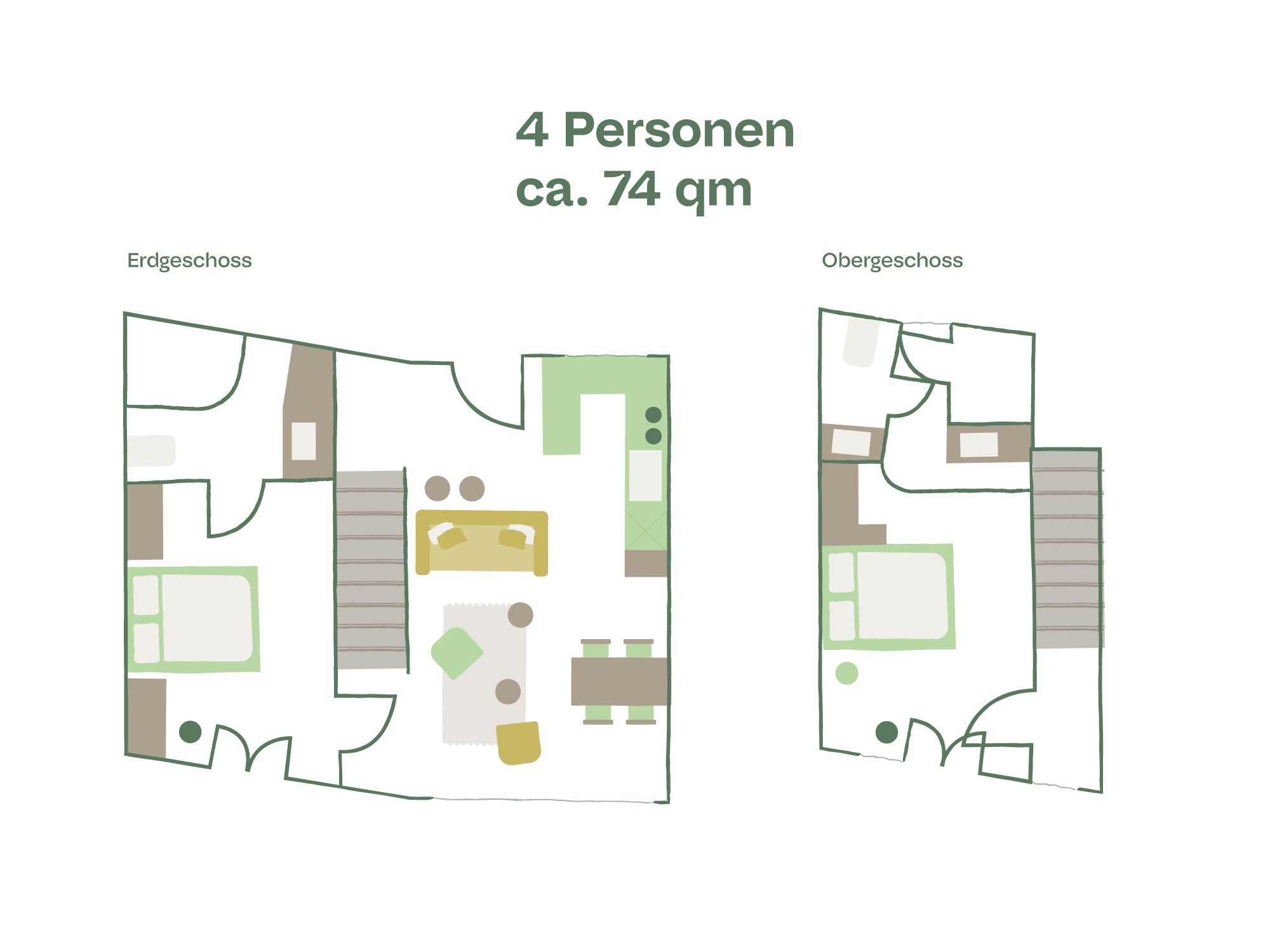 Plans d’aménagement pour un appartement de 74 mètres carrés environ, conçu pour accueillir quatre personnes, comprenant un espace de vie, une cuisine et une salle de bain.
