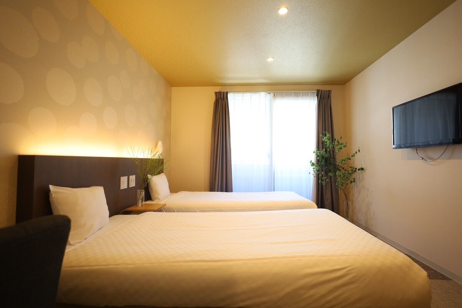Habitación de hotel con dos camas, un televisor montado en la pared, una ventana con cortinas y una planta a un lado.