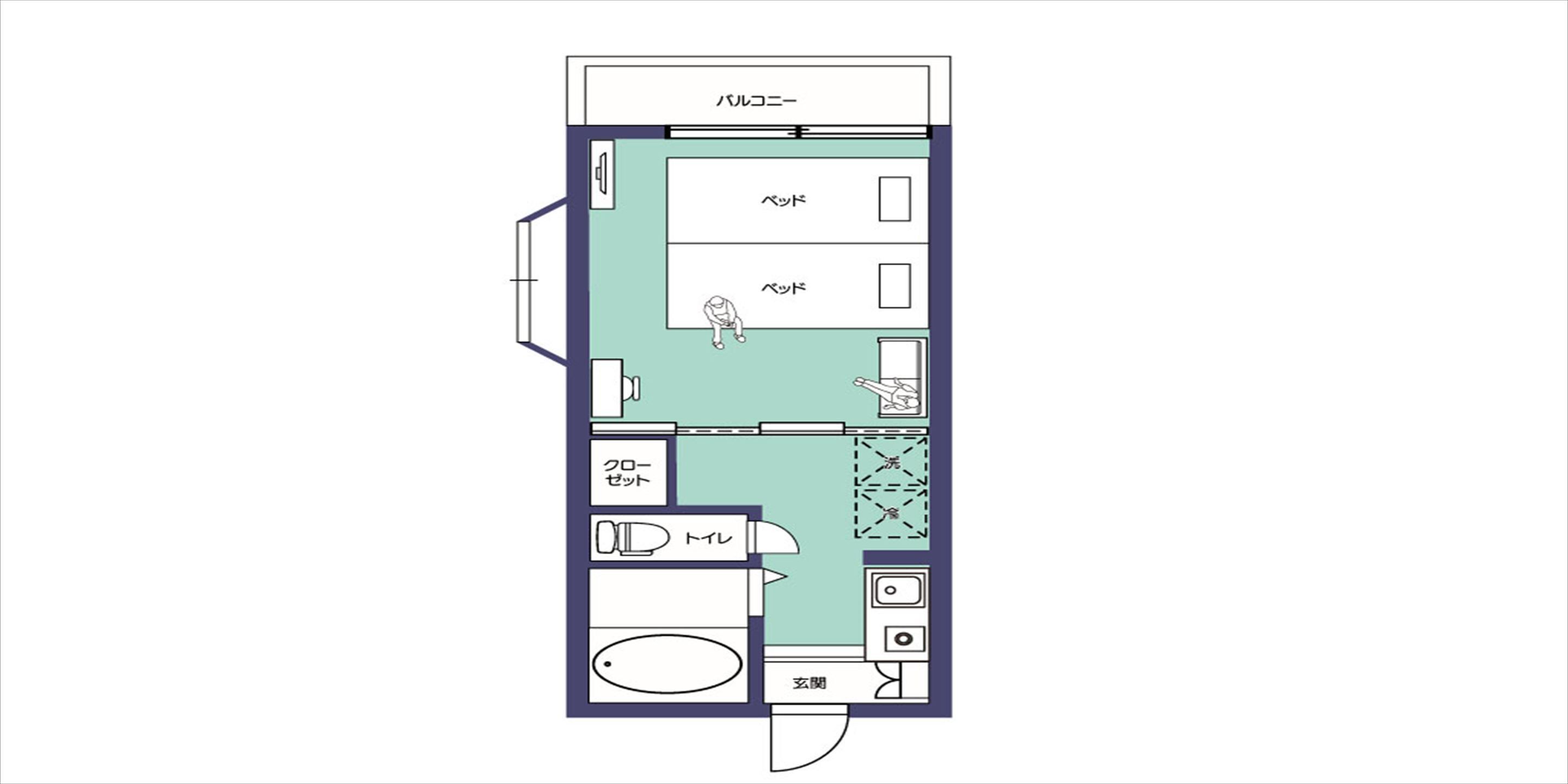 Plano de una habitación de hotel que incluye una cama, baño, kitchenette y una pequeña sala de estar.