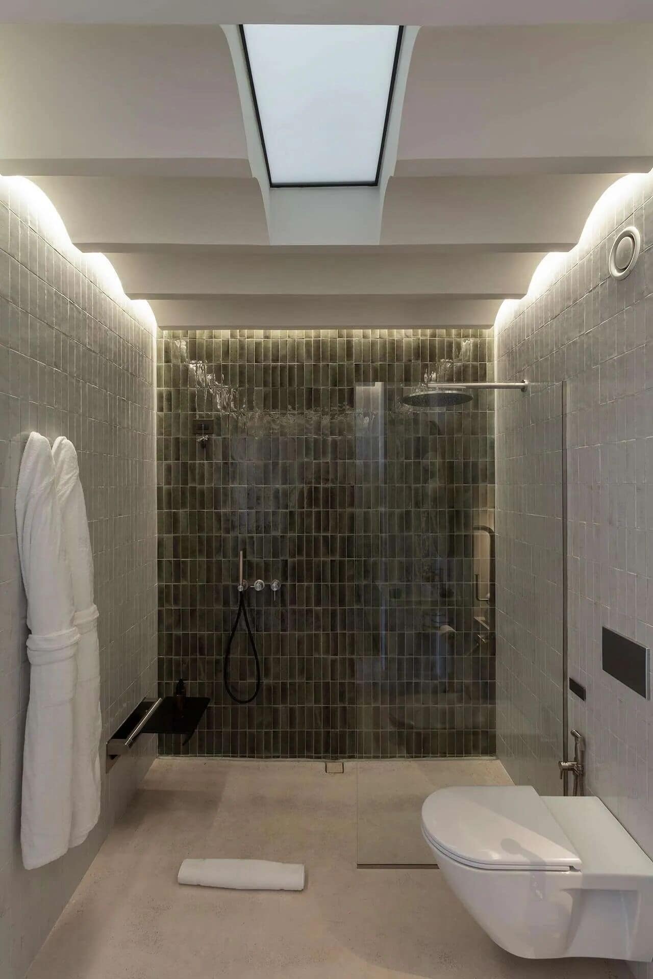 A modern bathroom with a glass-enclosed shower, a toilet, and a towel rack.