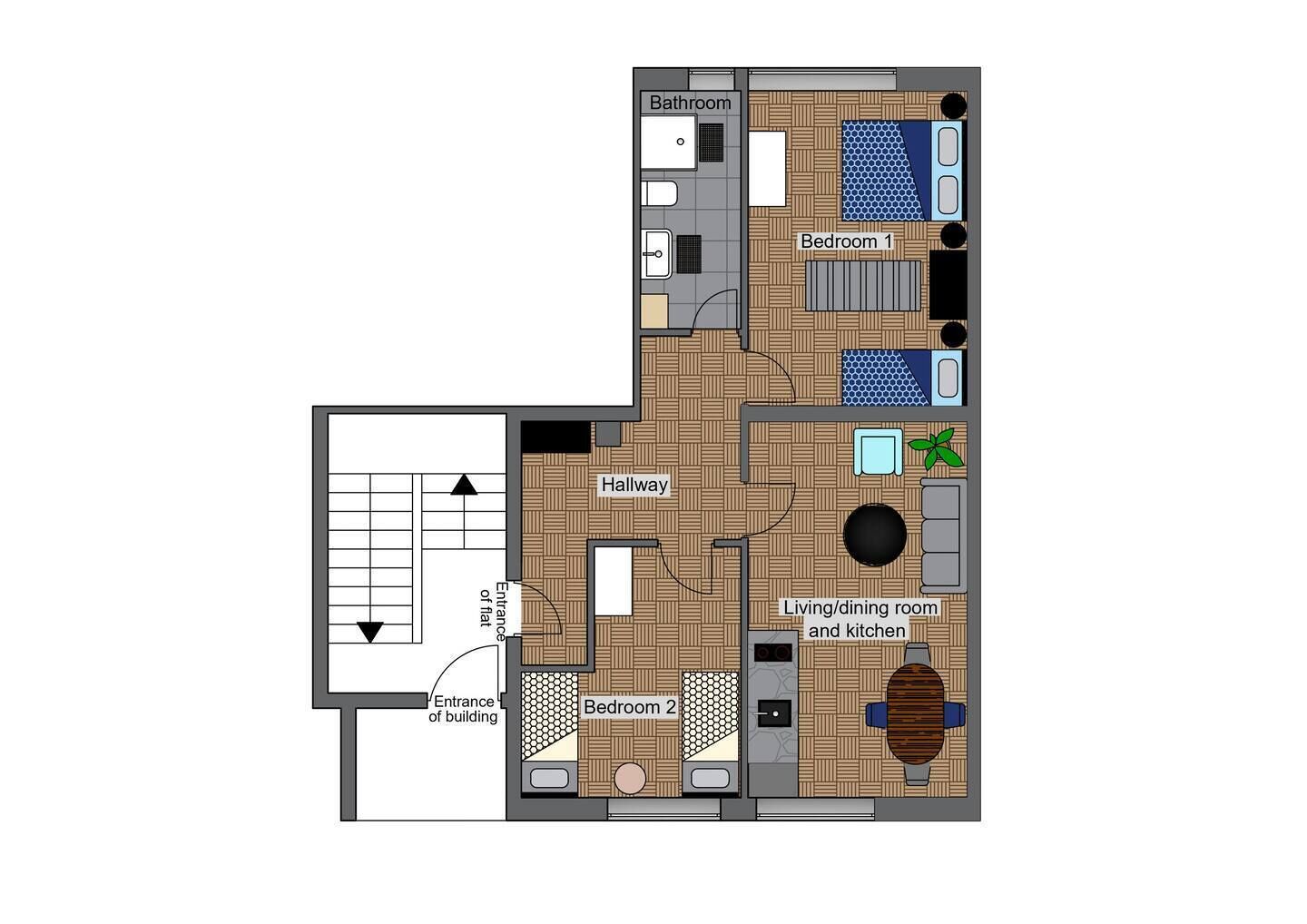 Een plattegrond van een hotel met twee slaapkamers, een badkamer, een woon/eetkamer met keuken, en een gang.
