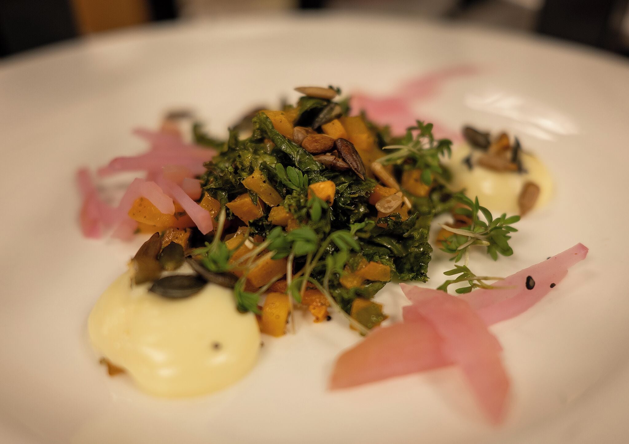 A white plate with a salad consisting of greens, nuts, and possibly some cheese, with a creamy dressing.