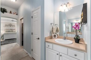 A bathroom with a white sink, vanity, and a large mirror. There is a ceiling fan and a plant on the vanity.