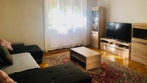 Un soggiorno con divano, televisore, tavolino da caffè e tappeto decorato.