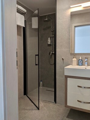 Shower, hair dryer, towels