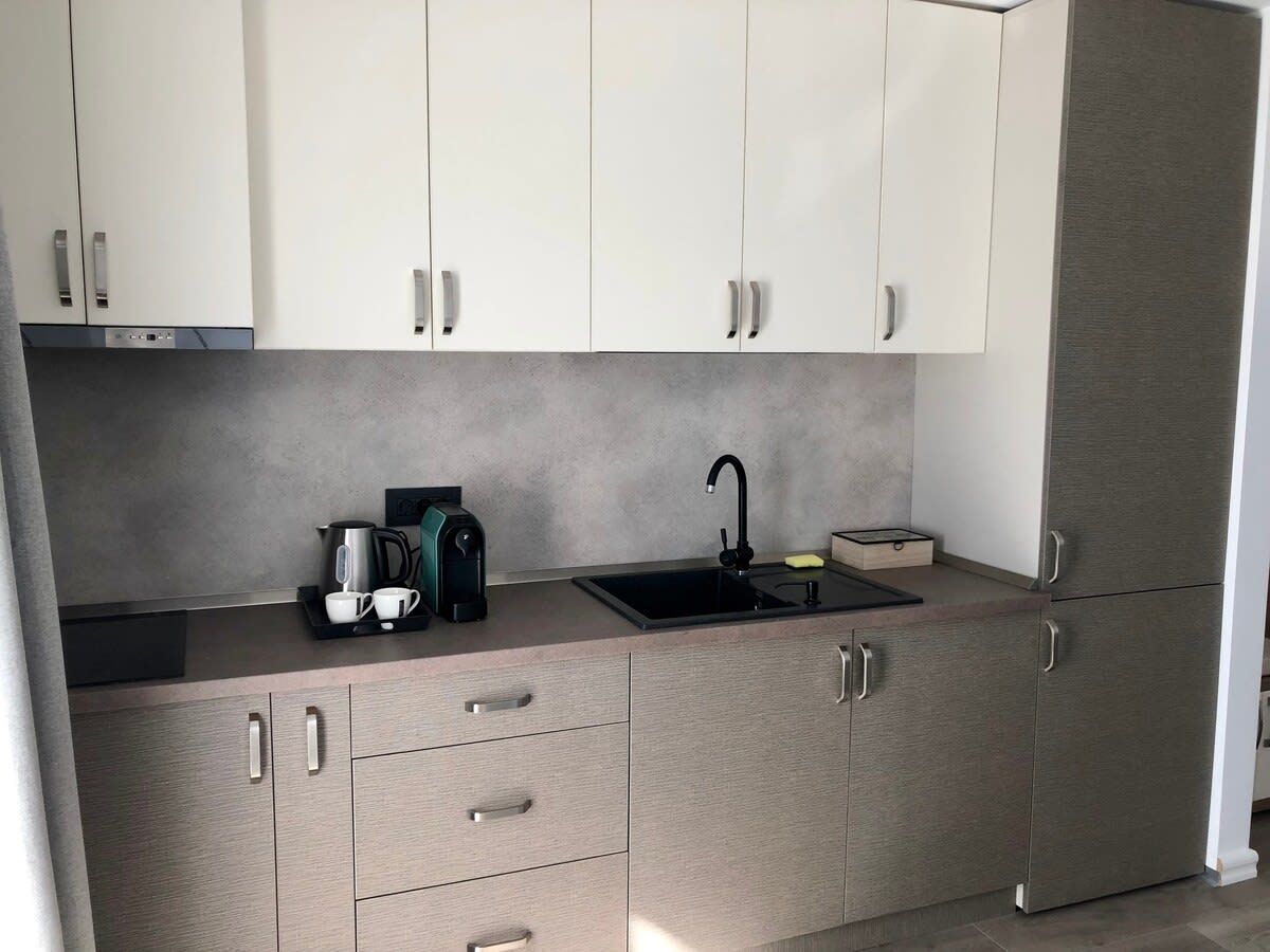 Una cocina moderna con un lavaplatos integrado, una cafetera y un tostador.