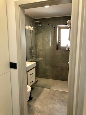 Shower, hair dryer, towels