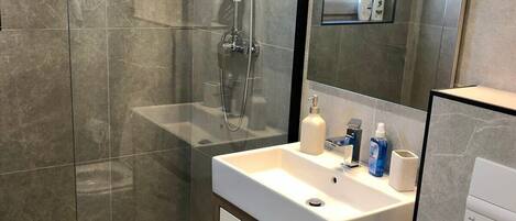 Shower, hair dryer, towels