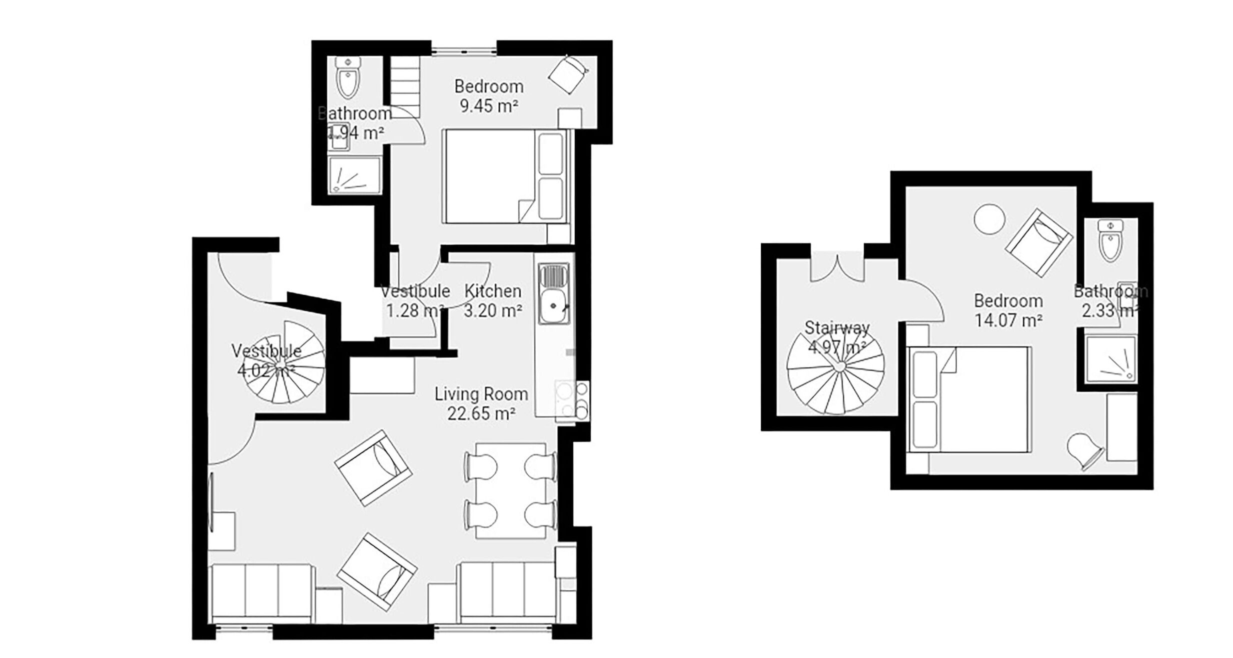 Two floor plans of a property with a living room, kitchen, two bedrooms, and two bathrooms.