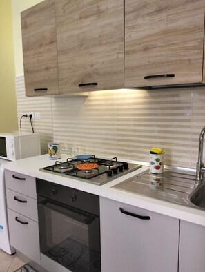 Fridge, microwave, oven, stovetop