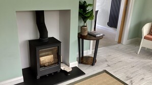 A modern living room with a black wood-burning stove, a small round table with a plant, and a wicker chair.