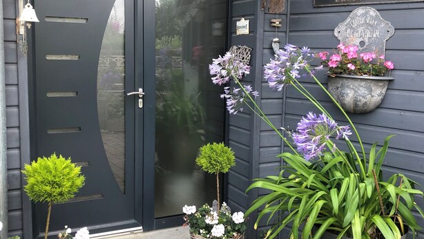 Une porte en bois sombre ornée d’un panneau de verre, une pancarte d’accueil et une autre indiquant « Atelier des rêves ». Des plantes et des fleurs en pot sont disposées devant la porte.