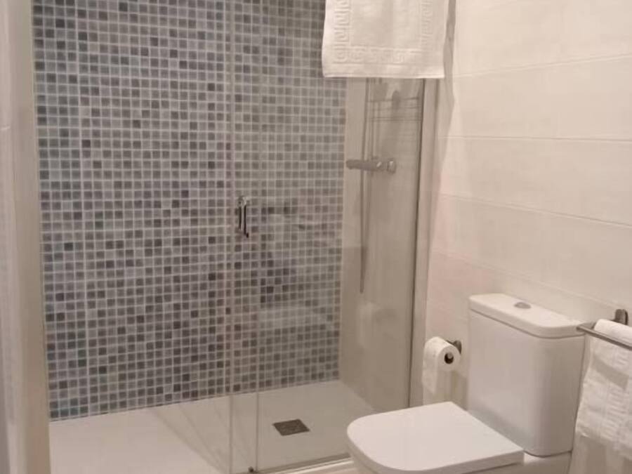 Un baño con ducha envuelta en vidrio, un inodoro blanco y una pared con azulejos.