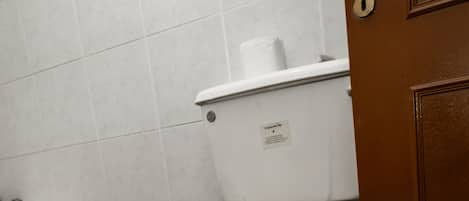 A bathroom with a toilet, a white tiled wall, a brown door, and a brown rug on the floor.
